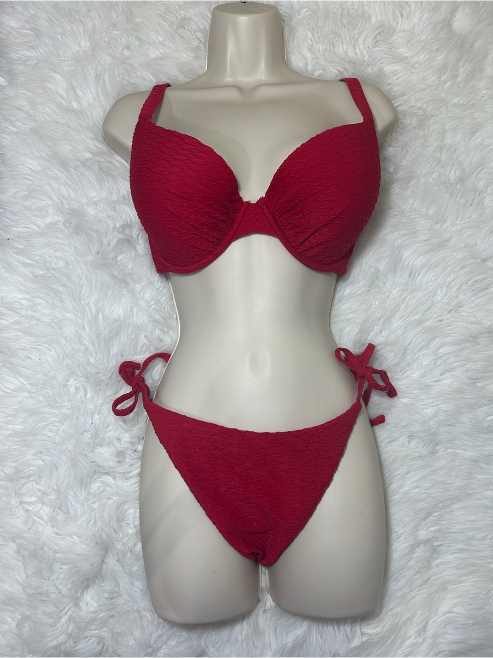 Victoria Secret Swim Bikini Top  & XL Bottom Cheeky Red Push Up Textured String